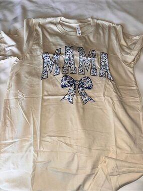 Bella Canvas Cream Short Sleeve Tee with Blue Floral 'MAMA' Graphic and Bow